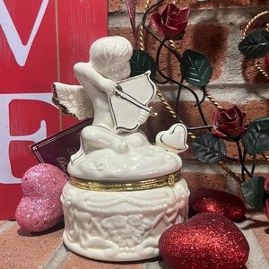 Cupid trinket box, cream, color, gold accents, angel home decor Valentine's Day